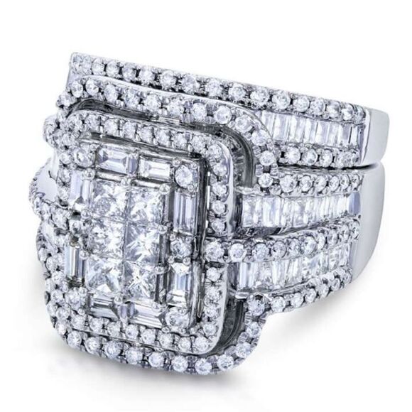 Multi Band Diamond Bride Engagement Statement Ring Set - Picture 5 of 17